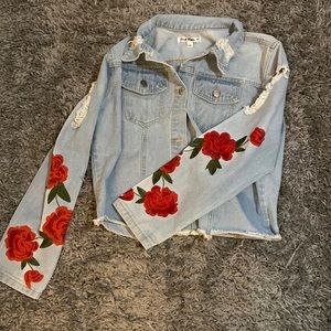 Say What Distressed Jean Jacket with Rose Embroidery